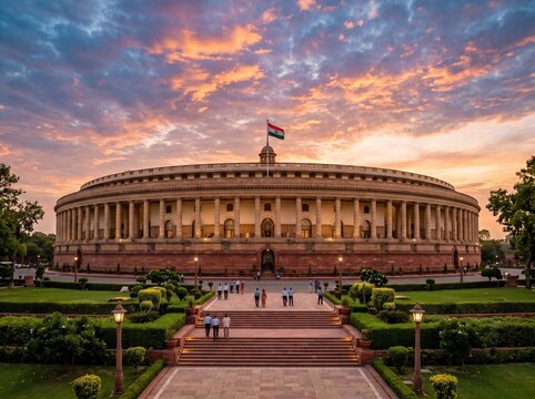 Wide Angle View of Indian Parliament House During Golden Hour with Dramatic Sky and Clouds