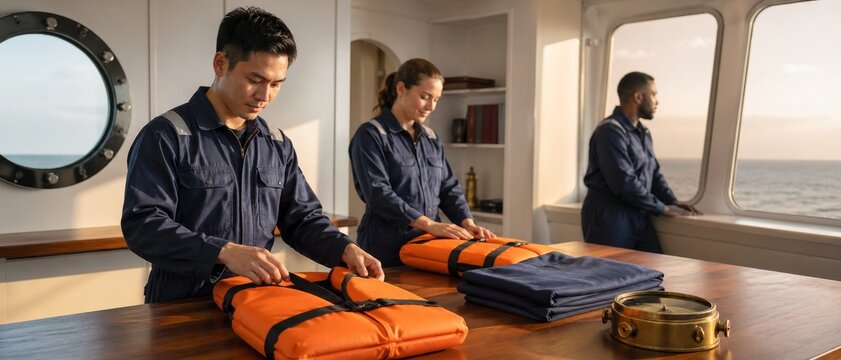 Maritime crew members in navy uniforms folding orange life jackets on a wooden table inside ship cabin with ocean view and brass compass
