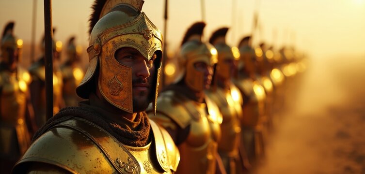 Golden armored warriors in formation stand ready for ancient battle in sunlight. Soldiers with helmets, weapons show discipline, strength, teamwork. Military reenactment evokes historical epic