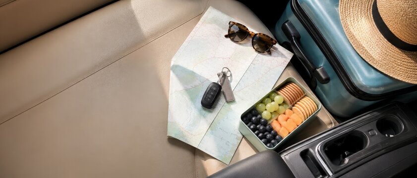 Sunlit car interior flat lay with folded map, sunglasses, keys, suitcase, straw hat and fruit snack box for summer road trip travel planning