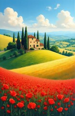 Naklejka premium Tuscan villa on rolling hills, vibrant red poppy field foreground, green and yellow meadows, cypress trees, blue sky, scenic Italian landscape.