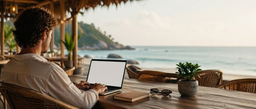 Remote worker using laptop at rustic beachside cafe table with ocean view, potted plant, notebook, sunglasses, and warm golden light outdoors.