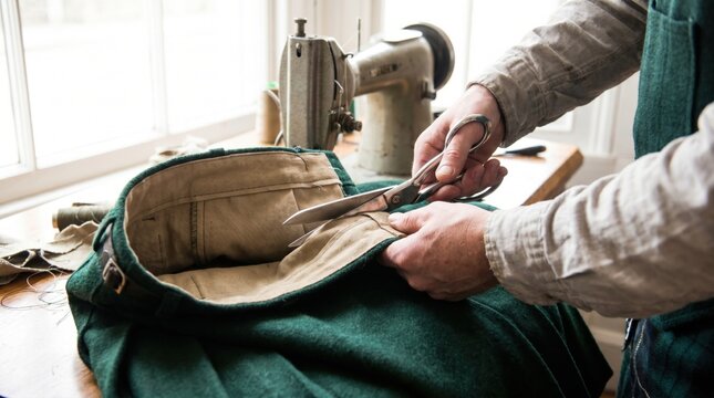 Professional tailor cutting green wool fabric with large steel scissors beside a sewing machine