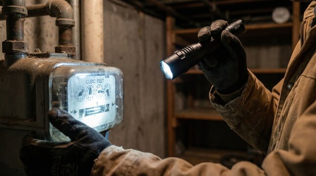 Worker using a bright flashlight to inspect an old cubic feet gas meter in a dark basement