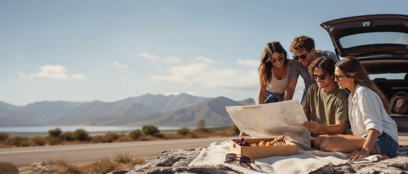 Friends on a road trip gathered by an open car trunk reading a paper map beside picnic snacks with mountains, lake and highway in sunny landscape