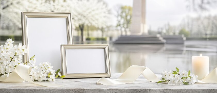 Elegant memorial mockup with two blank silver photo frames, white blossoms, satin ribbon, and lit candle on marble with soft garden background