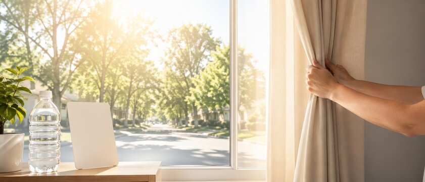 Hands closing beige curtains by a sunny window with water bottle, potted plant, blank card, and leafy street view for home heat protection