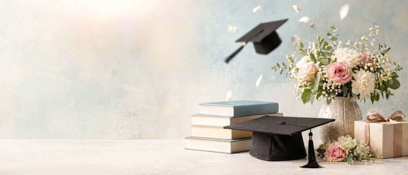 Graduation cap with stacked books, pastel flowers, wrapped gift box, floating petals, and soft copy space for academic celebration design