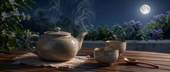 Fototapeta premium Steaming ceramic teapot and two cups on a wooden garden table under moonlight, with flowers, spoon and soft night greenery in the background