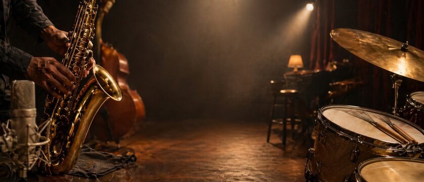 Moody jazz club scene with saxophone player, drum kit, microphone and double bass under warm stage lights, smoky atmosphere and empty copy space