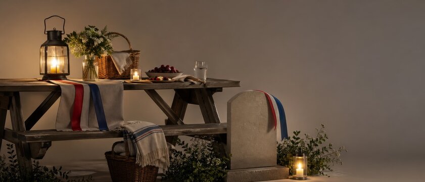 Candlelit picnic table with basket, flowers, grapes and red, white and blue ribbons beside a blank memorial stone with warm rustic copy space