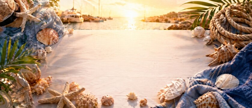 Blank wooden tabletop with copy space, framed by seashells, starfish, rope and palm leaves beside a sunlit marina at golden sunset, with boats beyond
