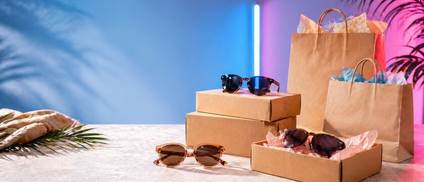 Stylish sunglasses with kraft shopping bags, cardboard gift boxes, tissue paper, and a neon blue and pink tropical backdrop with copy space.