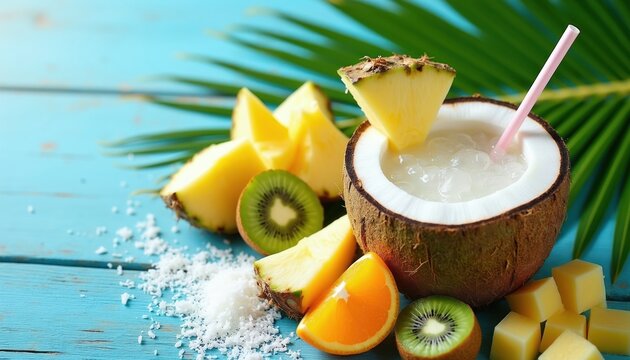 Whole coconut shell filled with refreshing drink and ice. Sliced pineapple orange kiwi fruits surround drink. Shredded coconut flakes on bright blue wooden table.