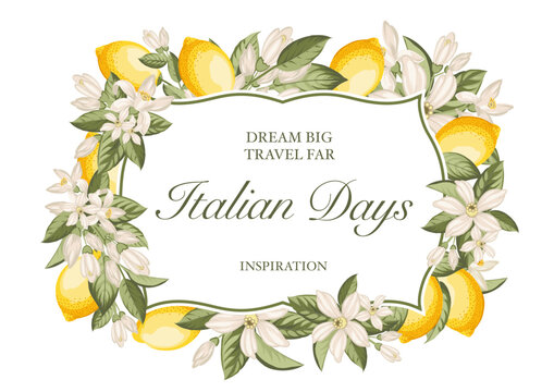 Lemon vintage frame. Italian vector background. Fresh lemon and green