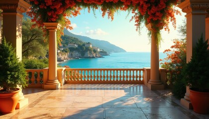 Obraz premium Elegant balcony with columns overlooks calm blue sea and green hills. Orange flowers bloom on the terrace. Sunlight casts shadows on stone tiles.