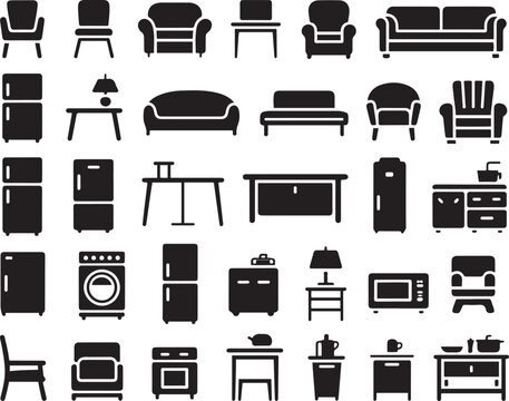 Household Items Silhouette Icon Set. Home Furniture and Appliance Silhouettes Collection. balck icon silhouette vector