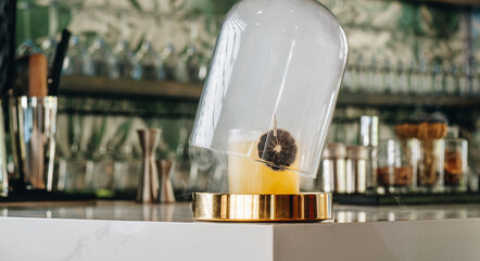 Cocktail under a glass dome at the bar. A bartender prepares a drink covered by a glass dome on the counter during the evening at a busy bar. © Анна Терелюк