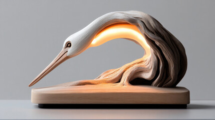 Fototapeta premium Wooden crane lamp creating ambient light, illuminating a minimalist interior while embodying natural craftsmanship and decorative elegance in Scandinavian style