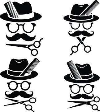 Barber shop icons feature fedora hats, eyeglasses, mustaches, and combs arranged in a vintage style.