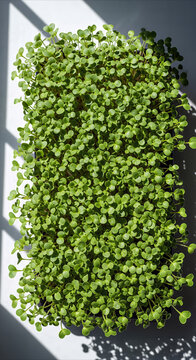 Vibrant green microgreens tray, top view, showing healthy sprouts and growth patterns under soft natural light, perfect for health and wellness concepts.