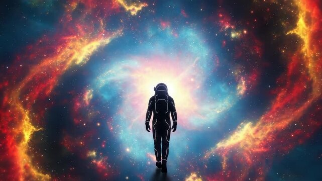 Astronaut Walking Towards Nebula Outer Space Background Exploration Discovery Cosmic Journey For Science Fiction Space-themed Designs Posters Educational Materials