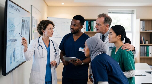Medical team collaborating on patient care plan in hospital conference