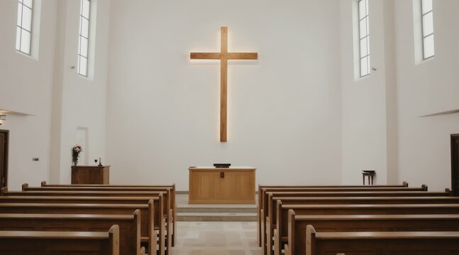 Empty wooden church interior with rows of pews leading to altar and large cross on wall. Tall windows let in soft light onto modern religious sanctuary.