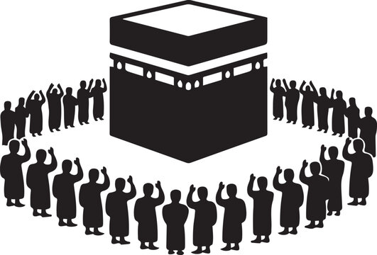 Silhouette of crowd around Kaaba structure. black icon silhouette vector