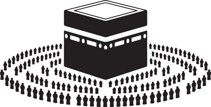 Silhouette of crowd around Kaaba structure. black icon silhouette vector