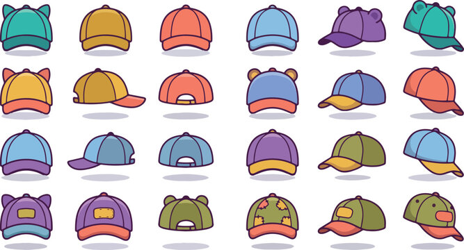 Cute Cartoon Baseball Cap Collection Colorful Hat Set Front Back Side Views Illustration