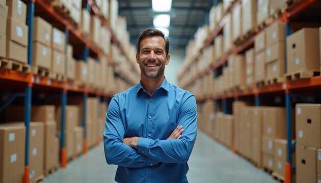 Smiling man in blue shirt stands in a warehouse aisle. Tall shelves hold many cardboard boxes. He has arms crossed, looking at camera. This pro is happy.