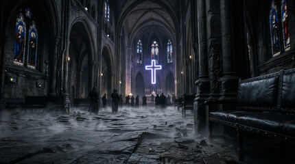 Fototapeta premium Dark interior of an abandoned church with stained glass windows 
