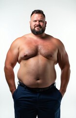 Obraz premium Shirtless overweight man with belly stands confidently. Adult male shows torso and abdomen, body positive. Isolated studio shot with white background, hands in pants pockets.