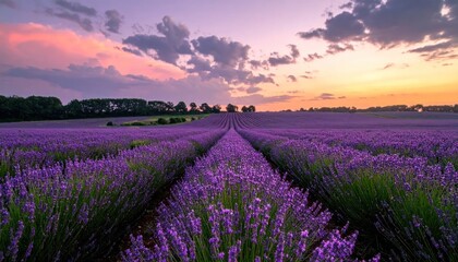 Obraz premium Vast Lavender Field Under a Dramatic Sunset Sky.
