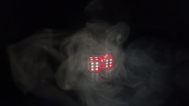 Red translucent dice showing double six surrounded by smoke on a dark background, symbolizing luck, risk, gambling, chance and high‑stakes decision‑making. 4K.