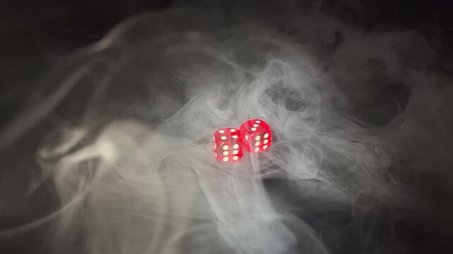 Red translucent dice showing double six surrounded by smoke on a dark background, symbolizing luck, risk, gambling, chance and high‑stakes decision‑making. 4K.