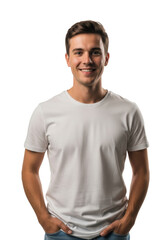 Obraz premium Young caucasian man with short brown hair wearing a white t-shirt and blue jeans, smiling in a white studio with soft lighting, concept of friendly confidence