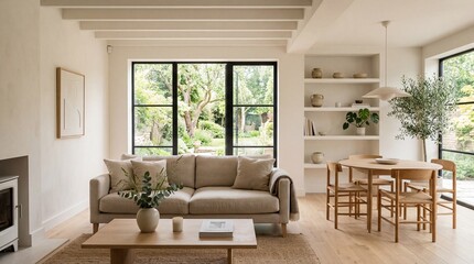 Fototapeta premium Japandi inspired living room interior design combining minimalism and warmth