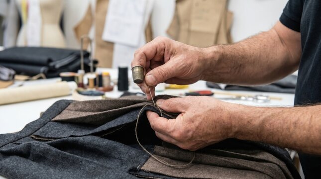 Close up of a tailor hands using a needle and thimble to sew a piece of dark fabric in a workshop