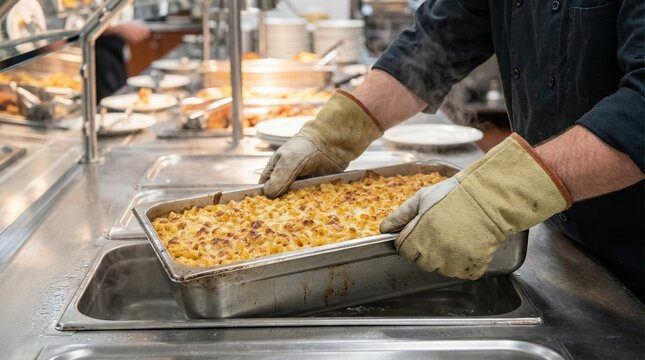 Food service worker wearing heat resistant gloves holding a large metal pan of baked macaroni and cheese