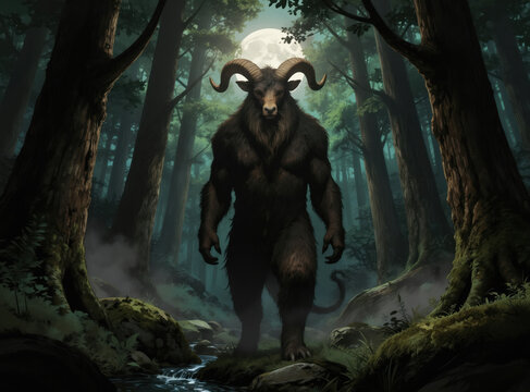 Hairy man beast with horns stands in dark forest near stream. Full moon shines over trees. Creature has goat head, human body, muscular build. Mysterious mythical entity.