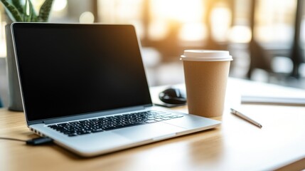 Fototapeta premium Laptop and coffee on a light wooden table in a cafe