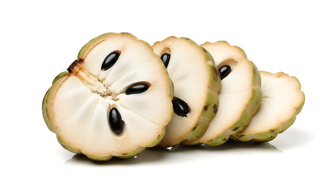 Sliced custard apple showing seeds and white flesh on a white background in a studio shot still life ai generated