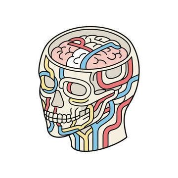 Anatomical human skull and brain cross section vector illustration with skeleton, isolated