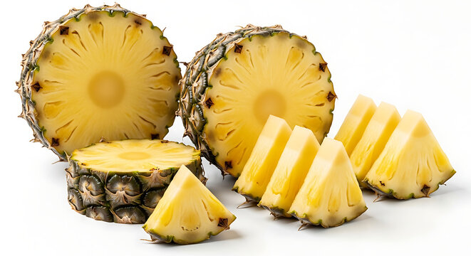 Close up of sliced pineapple with cross sections and wedges on a white background studio shot ai generated