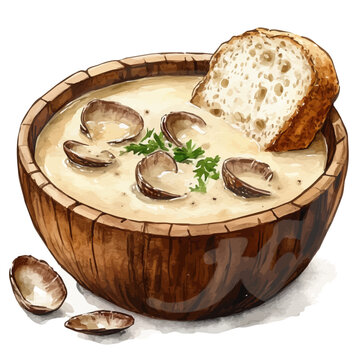 Clam Chowder, playful watercolor vector painting with subtle shadowing and soft gradients, isolated on a white background.