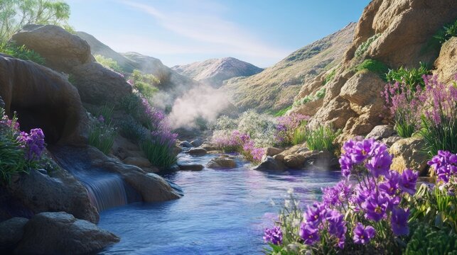 Sunny mountain stream, vibrant purple flowers, tranquil valley