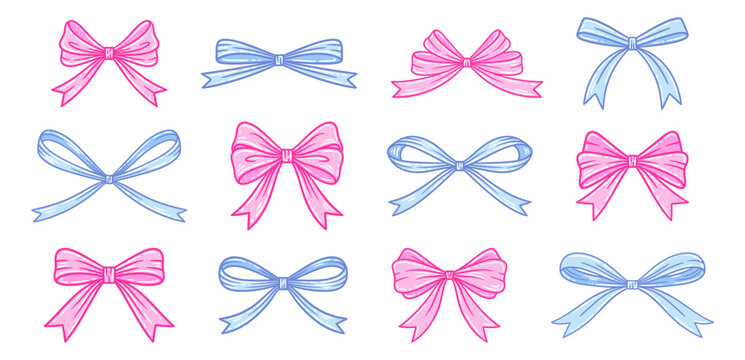 Coquette bows set. Cute pink and blue tied ribbons, hand drawn illustration. Ideal for birthday, wedding, Valentine's gift in vintage style, baby shower decoration, girl romantic design. Doodle lace.