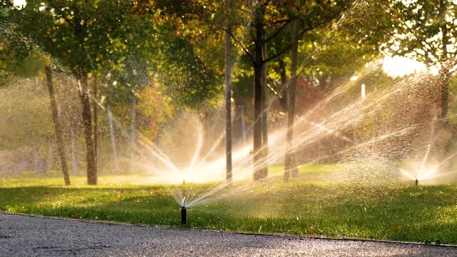 Automatic irrigation system watering green lawn at sunset, sprinkler spraying water in warm golden light. Lawn maintenance, irrigation and outdoor landscape care, peaceful evening atmosphere.